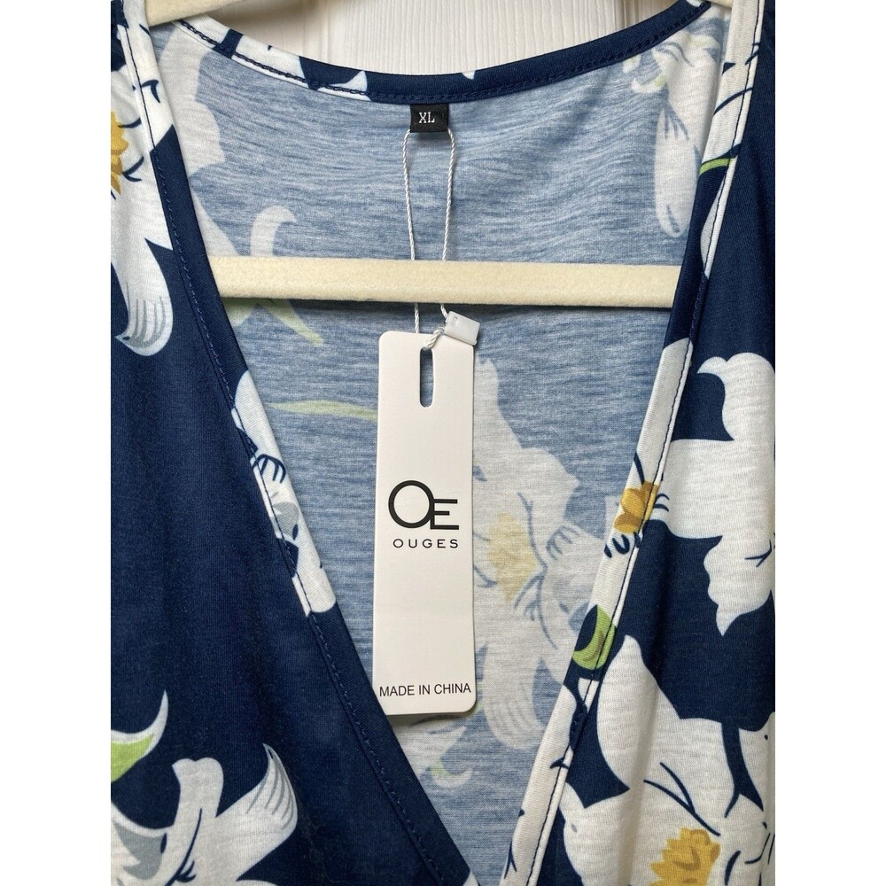 OUGES Navy Floral Wrap Dress Short Sleeve Knee Length XL Pockets - Picture 4 of 9